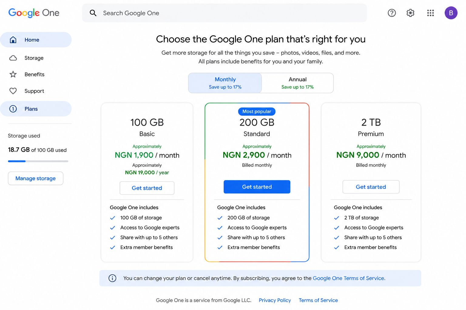 100GB: approximately NGN 1,900 per month or NGN 19,000 per year200GB: approximately NGN 2,900 per month 2TB: approximately NGN 9,000 per month