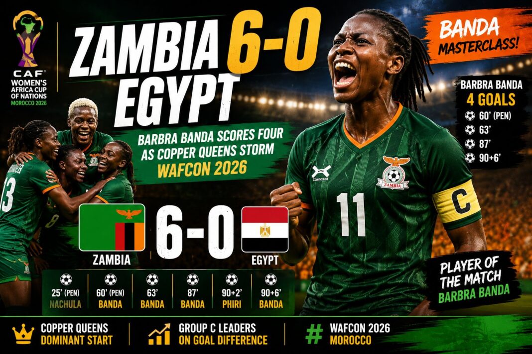 Barbra Banda Scores Four Goals: Zambia Crush Egypt 6-0 in WAFCON 2026 Group C Opener Barbra Banda Scores Four Goals: Zambia Crush Egypt 6-0 in WAFCON 2026 Group C Opener