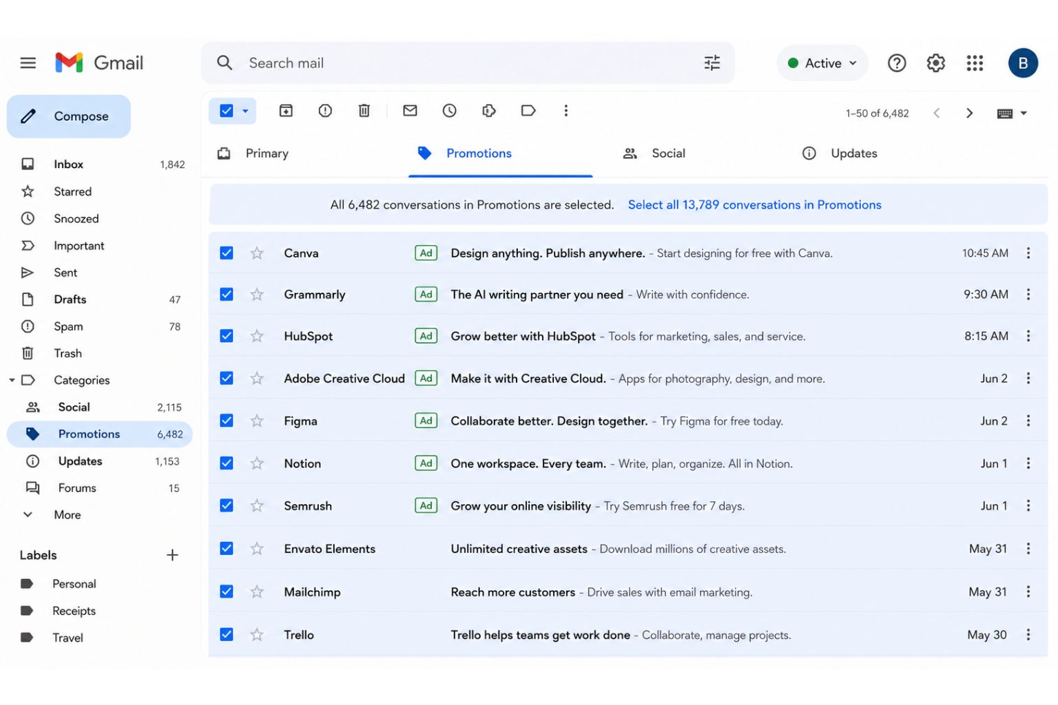 Gmail Promotions tab with all emails selected showing the total count in the selection banner 