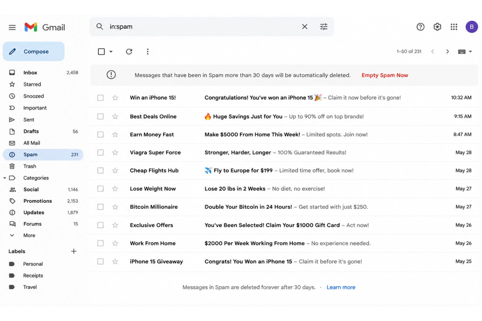 Gmail Spam folder showing 'Empty Spam Now' option at the top of the folder