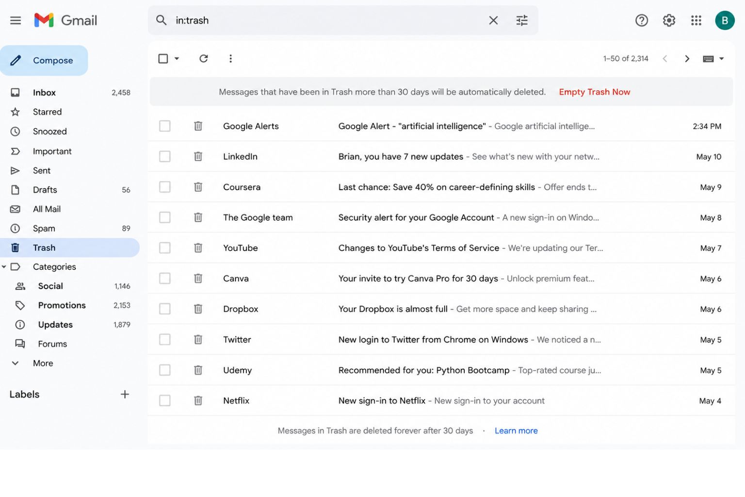 Gmail Trash folder showing 'Empty Trash Now' link at the top of the folder in red text