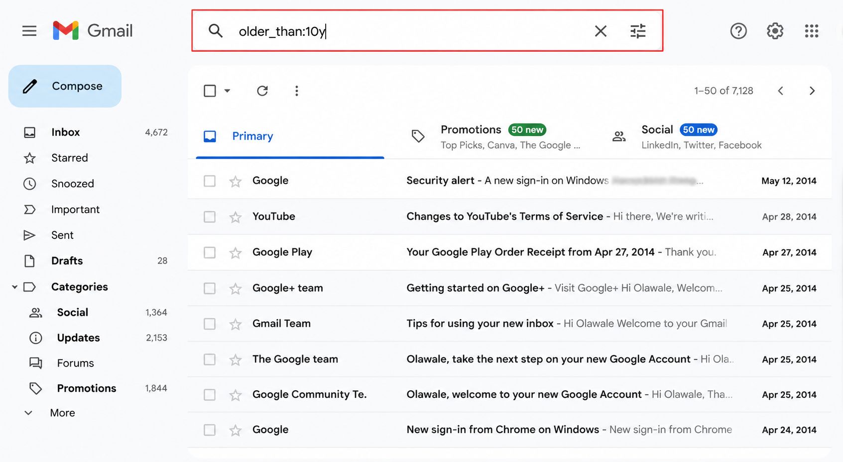 Gmail search bar with 'older_than:10y' typed in, before pressing Enter
