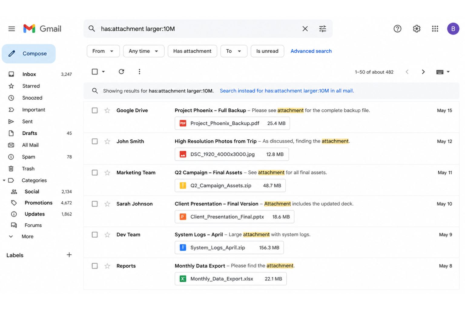 Gmail search results showing emails with large attachments, file types and sizes visible in the preview snippets