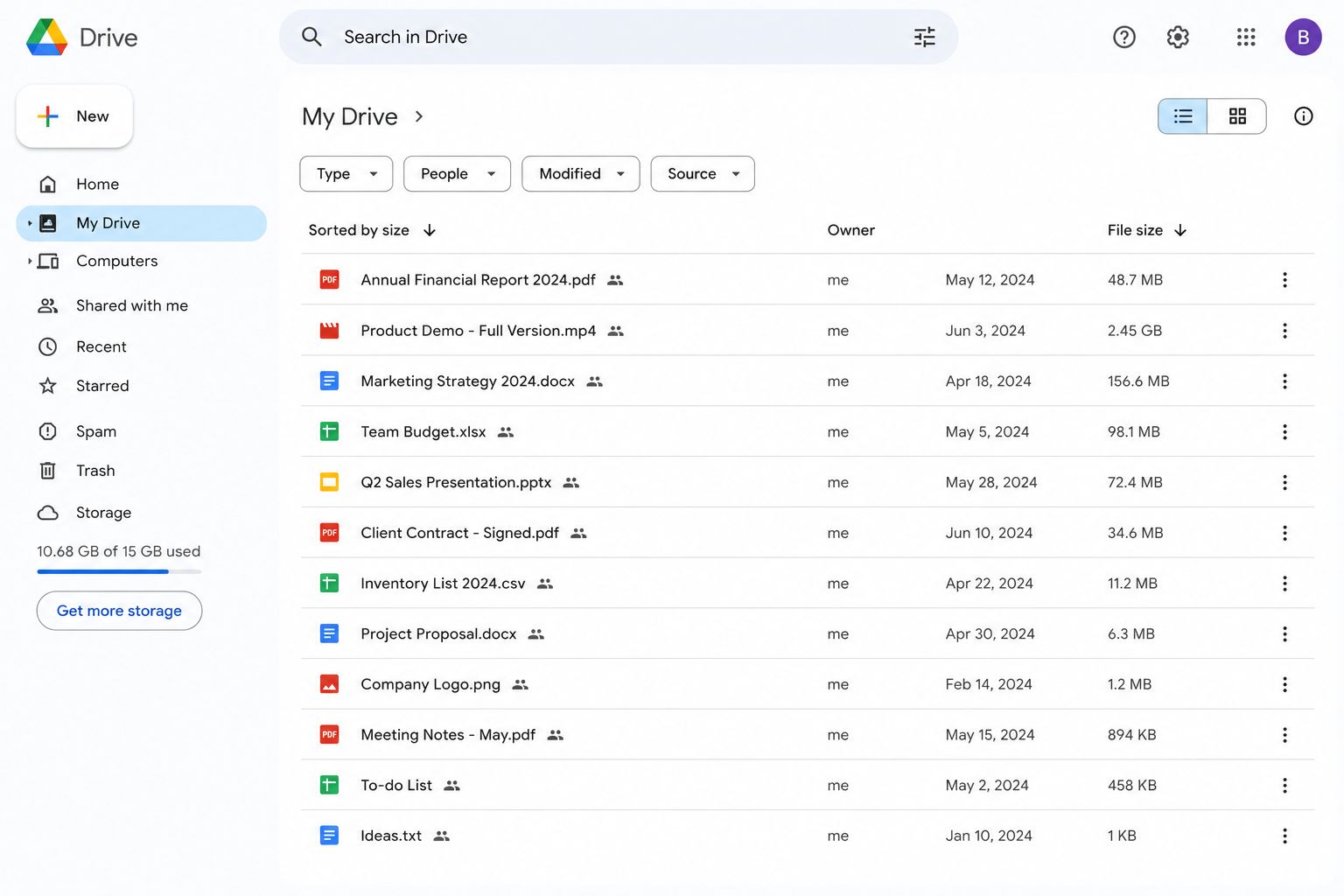 Google Drive storage view showing files sorted by size from largest to smallest, with file sizes visible on the right