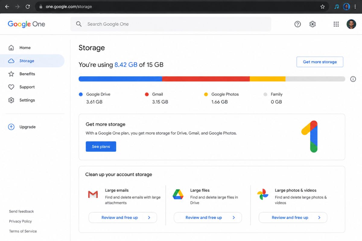 Google One storage page showing the storage breakdown bar — Gmail, Drive, and Photos portions clearly visible with total usage displayed