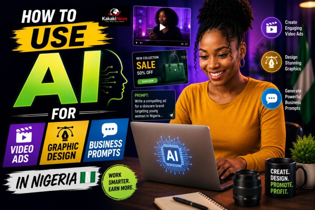 How to Make Money With AI in Nigeria (Part 3) A Nigerian business owner creating AI-powered video ads and graphic design content for their brand in 2026