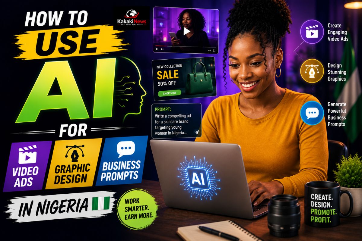 How to Make Money With AI in Nigeria (Part 3) A Nigerian business owner creating AI-powered video ads and graphic design content for their brand in 2026