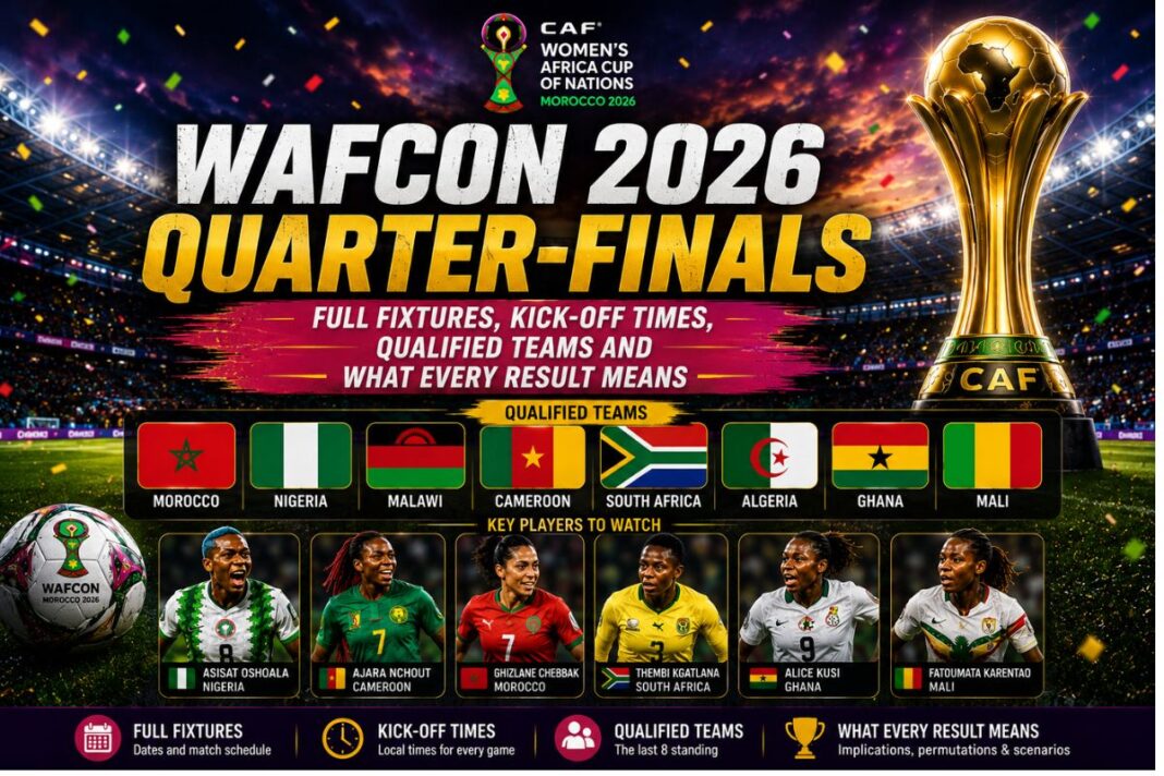 WAFCON 2026 Quarter-Finals: Full Fixtures, Kick-off Times, Qualified Teams and What Every Result Means WAFCON 2026 Quarter-Finals: Full Fixtures, Kick-off Times, Qualified Teams and What Every Result Means