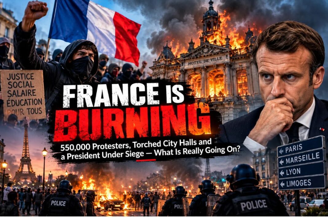 France Protests Escalate: 550,000 Demonstrators, Burning City Hall and Macron Under Pressure France Protests 2026, France Riots, Emmanuel Macron, Cost of Living Crisis, Yellow Vest Movement, French Politics, Public Demonstrations, KakakiNews